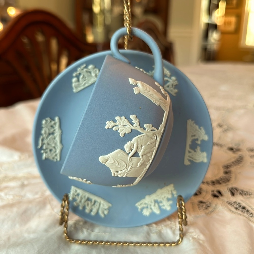 Wedgwood Jasperware blue teacup and saucer.